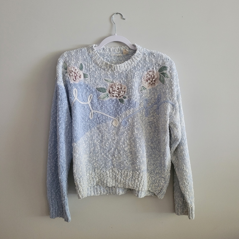 Vintage Blue Floral Knit Sweater